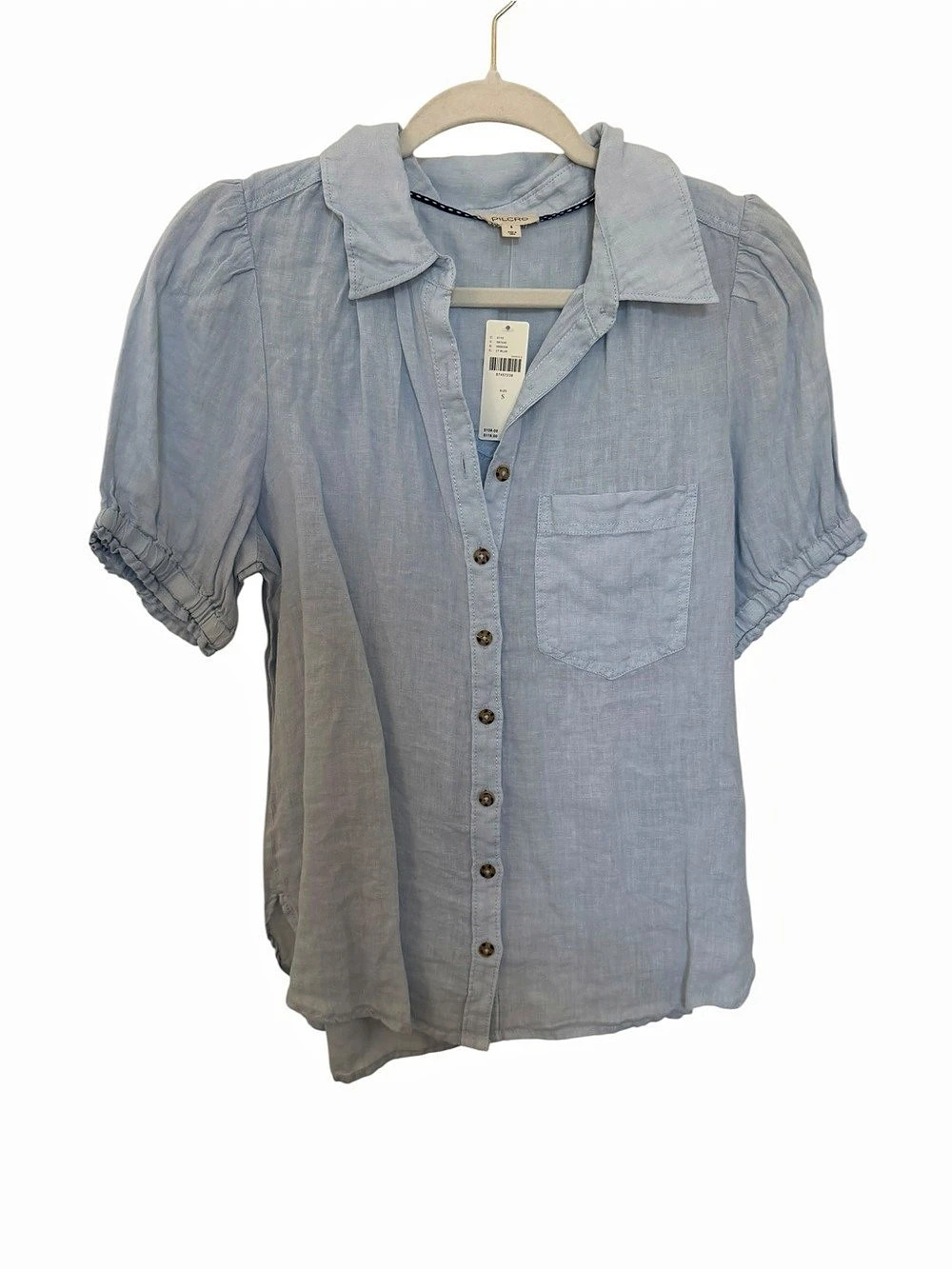 PILCRO Short-Sleeve Smocked Linen Buttondown Blouse Blue Small